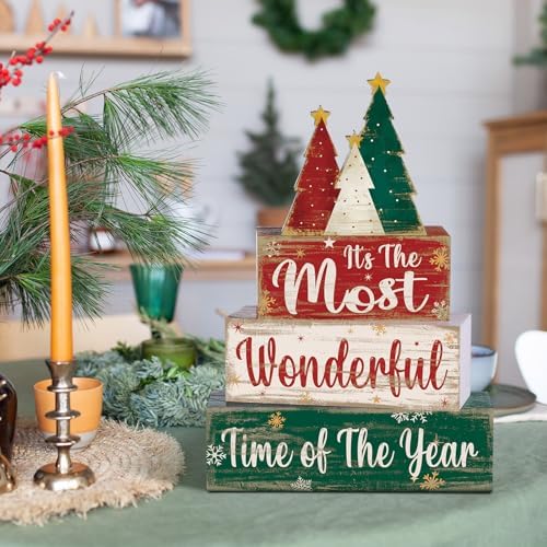 Moucuny 4 Pcs Christmas Tree Table Decorations Xmas Wooden Blocks Signs - Image 5