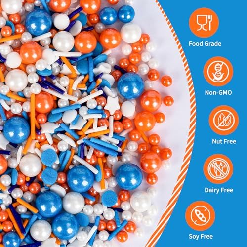 Edible Blue Orange Sprinkles for Cake Decorating,130g White Stars Pearls and Jimmies Mix,Round Sugar Confettis Sprinkle,Cupcake,Cookies,Donut,Basketball Soccer Sports Themed Holiday Dessert Toppings,Birthday Celebration Supplies - Image 3