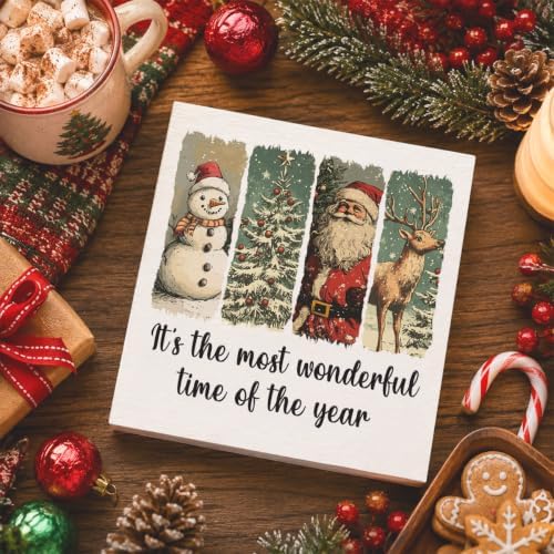Vintage Christmas Decor, Christmas Decorations Indoor, Santa Claus Snowman Xmas Tree Reindeer Sign Gift for Women Friends, Rustic Wooden Box Sign for Home Office Bedroom Desk Decor 5x5 Inches - Image 4