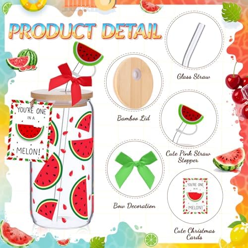 Vesici 6 Set Watermelon Glass Cups 16 oz Summer Drinking Tumbler with Lid Straw and Stopper Can Shaped Beer Iced Coffee Cup Appreciation Gifts with Cards and Bow for Summer Party Favor Decorations - Image 3