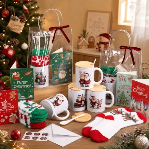 Meanplan 6 Set Christmas Mugs Gift Bulk, Fuzzy Socks Cards Bags, Classic - Image 3