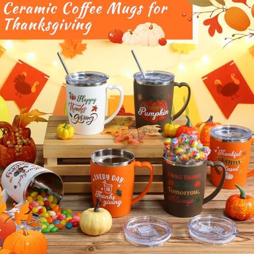 6 Pcs Thanksgiving Coffee Mugs Cups 16 Oz Fall Stainless Steel Insulated Tumblers Bulk with Handle Lid Straw Brushes Happy Thanksgiving Pumpkin Turkey Mugs Thankful Gifts for Party Birthday - Image 4