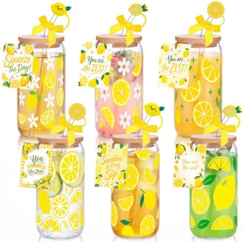 Vesici 6 Set Lemon Glasses with Lid Straw and Stopper, Lemon Gifts by Vesici