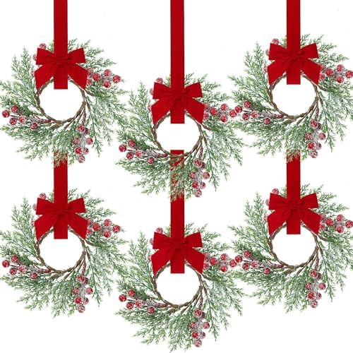 Sggvecsy 6 Pcs Christmas Mini Cabinet Wreaths Norfolk Pine Wreath with Ribbon Bows Red Berry Artificial Small Kitchen Wreath for Window Front Door Farmhouse Wall Pillars Xmas Decorations by Sggvecsy