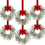 Sggvecsy 6 Pcs Christmas Mini Cabinet Wreaths Norfolk Pine Wreath with Ribbon Bows Red Berry Artificial Small Kitchen Wreath for Window Front Door Farmhouse Wall Pillars Xmas Decorations by Sggvecsy