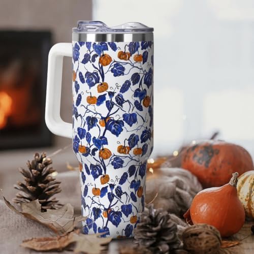 Fall Thanksgiving Tumbler with Lid and Straw 40oz, Cute Blue and White Porcelain Pumpkin Leaves Vacuum Insulated Leak Proof Stainless Steel Coffee Cup, Farmhouse Accessories Gift for Women Girls - Image 3