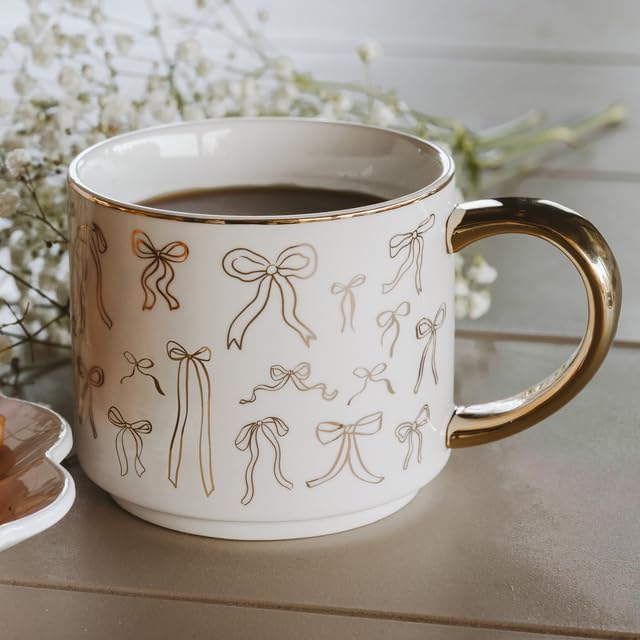 Sweet Water Decor Gold Bows Mug, 14oz Fine Bone China Coquette Tea Cup for Hot & Cold Drinks, Cute Coffee Mug with Golden Bow Patterned Design, Gold Handle & Rim, Gifts for Women - Image 2