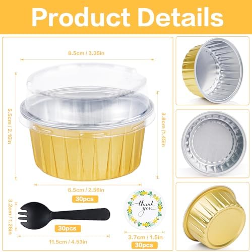 30Pcs Mini Cake Pans with Lids Aluminum Foil, ZOXILEN 5oz Disposable Mini Loaf pans with Lids Spoons, Round Small Baking Cups Pie Tins Cheesecake Containers for Party Gold - Image 2