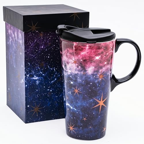 Topadorn 17oz Ceramic Travel Mug with Lid, Galaxy Nebula Space Coffee Mug by Topadorn