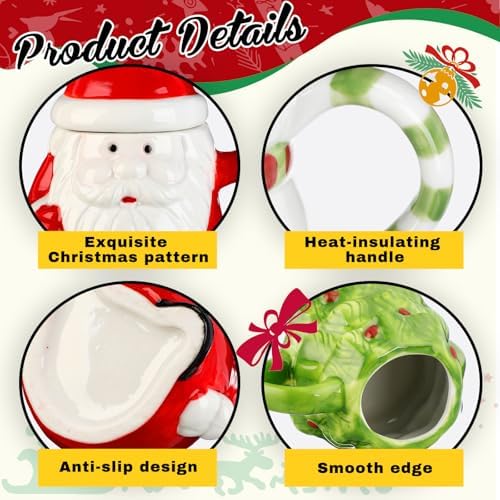 Baderke 4 Set Christmas Mugs with Lid 14 oz Santa Snowman Reindeer Tree - Image 3