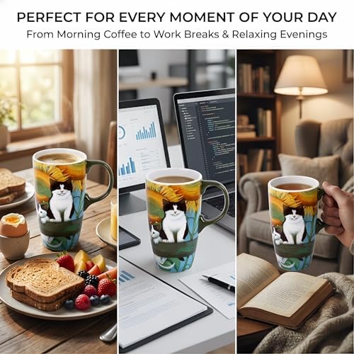 Topadorn 17oz Ceramic Travel Mug with Lid, Sunflower & Cat Coffee Mug - Image 2