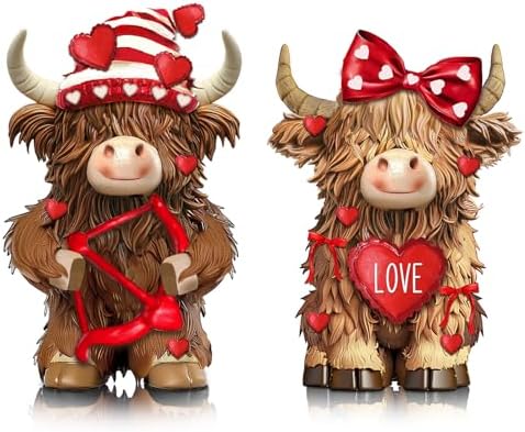 2 Pack Valentine's Day Highland Cow Gifts, Resin Valentine Decor by Burbell