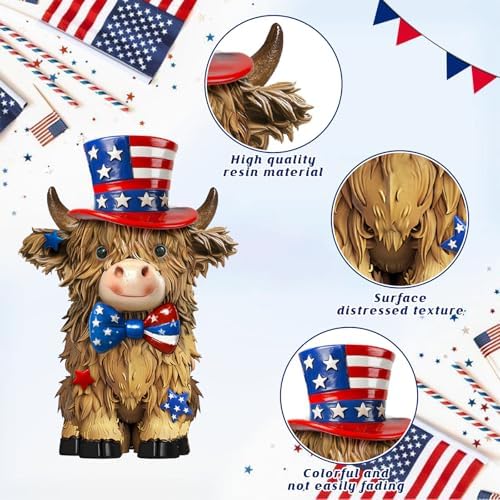 2 Pack 4th of July Highland Cow Figurine Resin 4th of July Gifts - Image 4