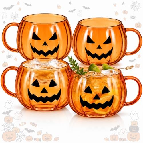 Didaey 4 Pcs Halloween Boo Pumpkin Coffee Mugs Orange Glass Spooky Cups by Didaey