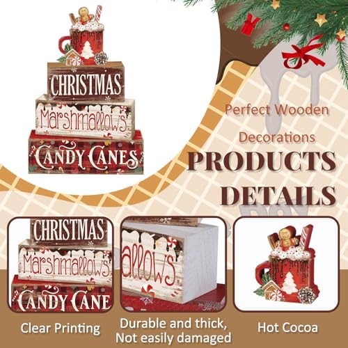 Moucuny 4 Pcs Christmas Hot Cocoa Table Decorations Wooden Xmas Block Signs - Image 3