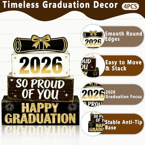 2026 Graduation Table Decorations Class of 2026 Senior Tiered Tray Decor Wooden Happy Graduation Signs Farmhouse Congrats Grad Tabletop Party Centerpiece for Tables Wooden Sign for Home Decor - Image 3