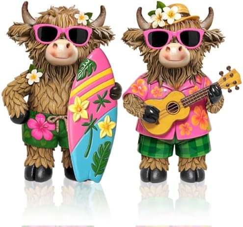 2 Pcs Highland Cow Figurines, Summer Beach Hawaii Decor by Burbell