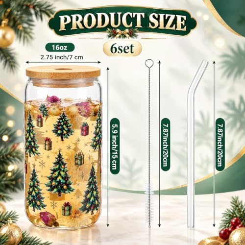 Vesici 6 Set Christmas Glass Cups with Lid Straw & Stopper, Christmas Tree - Image 3