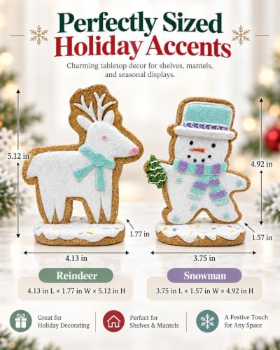 Set of 2 Gingerbread Christmas Figurines Hand-Painted Resin, 5‘’ Reindeer & Snowman Designs, Cookie-Style Finish, Glitter Accents, Shelf Tiered Tray Decor Tabletop Display, Christmas Decoration Indoor - Image 2