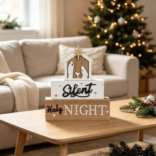 Nativity Sets for Christmas Indoor, MEETYAMOR Large Size 3-Layered Nativity Scene Wooden Block Silent Night Holy Night Sign Decor,Christmas Decorations Indoor for Home, Mantle, Table - Image 3