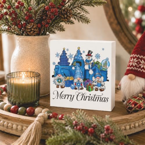 Blue Christmas Decorations, Christmas Gnomes Decorations Indoor, Snowman Snowflake Sign Gift for Women Friends, Rustic Wooden Box Sign for Home Shelf Office Bedroom Desk Decor 5x5 Inches - Image 3