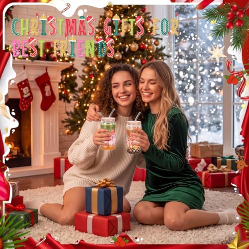 Vesici 6 Set Christmas Glasses Cups 16 oz Xmas Drink Cup with Lid Straw and Stopper Can Shaped Beer Tumbler Xmas Appreciation Gifts with Cards and Bow for Women Birthday Party Favor(Classic Christmas) - Image 5