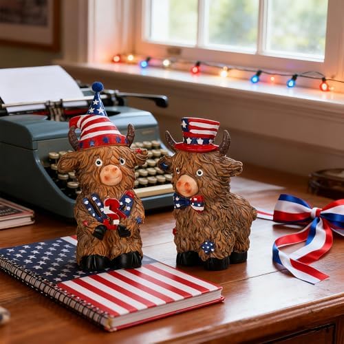2 Pack 4th of July Highland Cow Figurine Resin 4th of July Gifts - Image 6