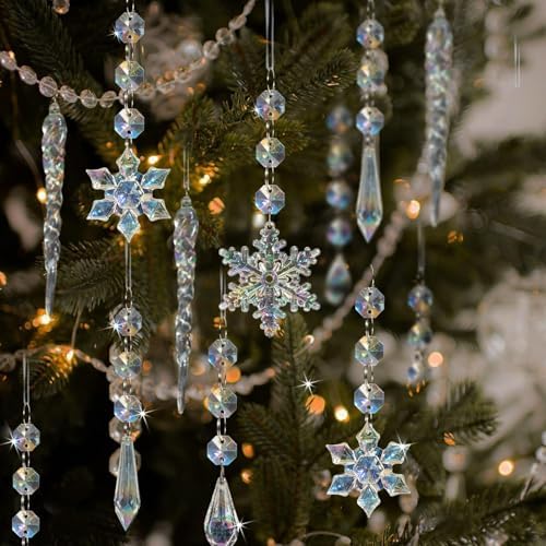 Crystal Christmas Tree Ornaments, 80pcs Iridescent Acrylic Snowflake Icicle - Image 6