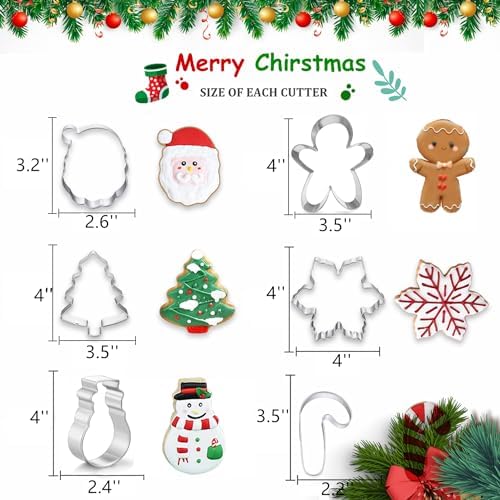 Large Christmas Cookie Cutters, 4" Holiday Cookie Cutters Shape with Recipe Instruction Gingerbread Men,Christmas Tree,Snowflake, Candy Cane,Santa Face and Snow Man for Baking - Image 2