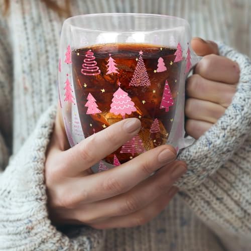 JarThenaAMCS Christmas Double Wall Glass Coffee Mugs 12oz Cute Pink Xmas Tree Insulated Glasses Clear Espresso Cups with Handle for Home Holiday Supplies, Set of 2 - Image 5