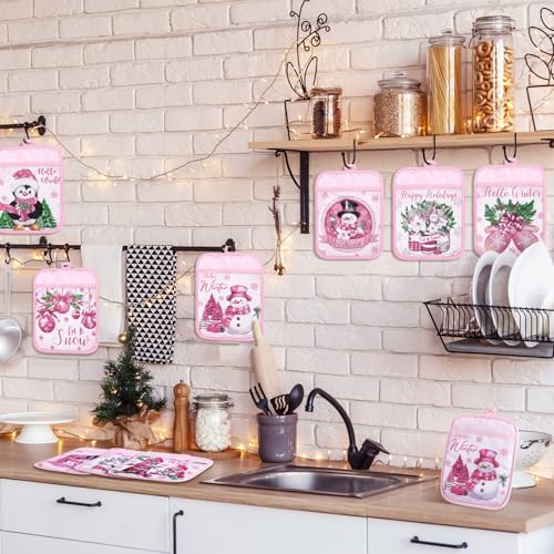 Jingmore 12 Pcs Pink Christmas Pot Holders with Pocket Hello Winter Snowflake Pot Holders Gift Bulk Snowman Gnome Heat Resistant Hot Pads Oven Mitts Cute Oven Gloves for Xmas Kitchen Baking Cooking - Image 2