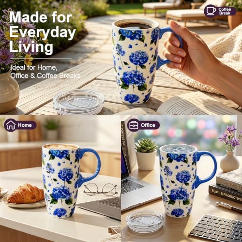 Topadorn 17oz Ceramic Travel Mugs Set of 2 with Lids, Butterfly Floral Set - Image 5