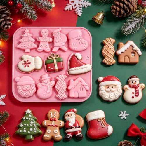 3 Pack Christmas Silicone Baking Mold, Christmas Tree Holiday Silicone Molds Soap Candy Molds for Chocolate Jello Snowman Gingerbread Snowflakes Socks Bells Santa Baking Mold (Xmas-Pink) - Image 5