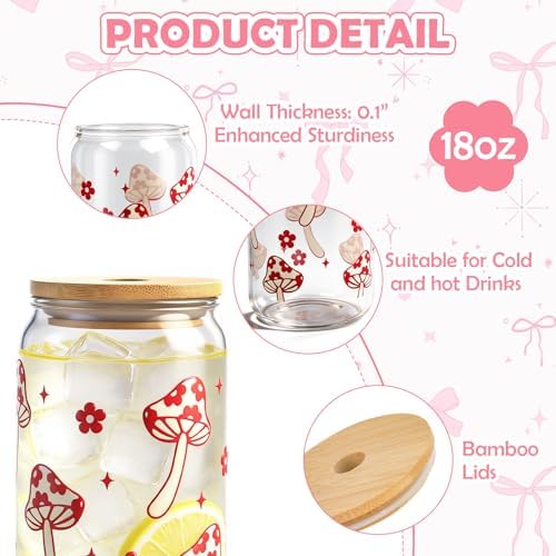 Coquette Cute Glass Cup with Lids and Straws 18OZ Mushroom Iced Coffee Cup - Image 3