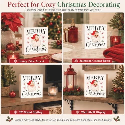 Vintage Christmas Decor, Christmas Decorations Indoor, Snowflake Candy Cane Santa Claus Sign Gift for Women Friends, Rustic Farmhouse Wooden Box Sign for Home Office Bedroom Desk Decor 5x5 Inches - Image 5