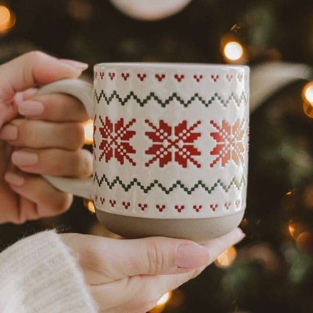 Sweet Water Decor Beige Fair Isle Coffee Mug, 14oz Stoneware Christmas Cup - Image 3