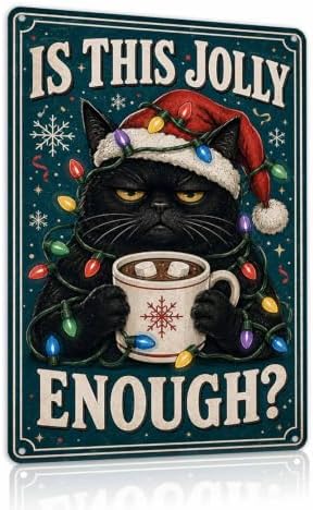 Christmas Cat Sign, Black Cat Holiday Decor, Vintage Wall Art by Unknown