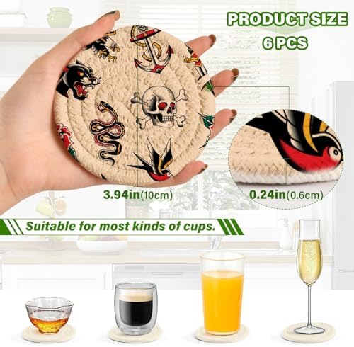 YETTASBIN Old School Tattoo 6 Pcs Drink Coasters with Holder, Cotton Woven Absorbent Heat-Resistant Round Coaster Non-Slip Table Mat for Kitchen Bar Home Decor Housewarming Gift, 3.9 in - Image 3