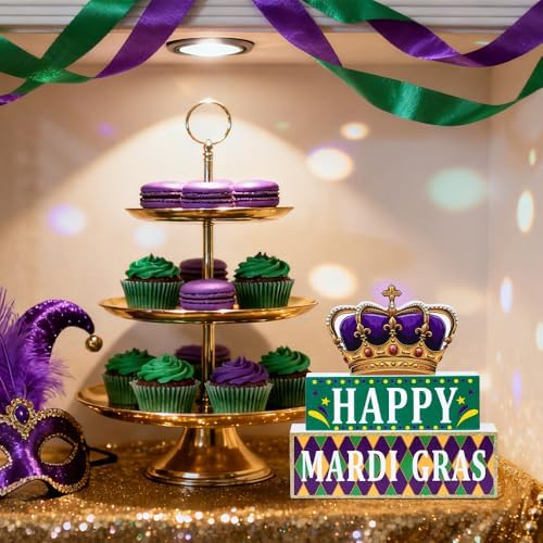 MEETYAMOR Mardi Gras Decorations, Wood Block Crown HAPPY MARDI GRAS Sign Table Decor, Glitter 3-Layered Wooden Mardi Gras Centerpieces for Tables Party Home Room Tiered Tray Shelf Tabletop Mantel - Image 5