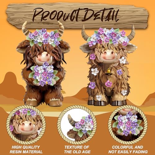 2 Pcs Resin Highland Cow Figurines Decor, Lilacs Theme - Image 4