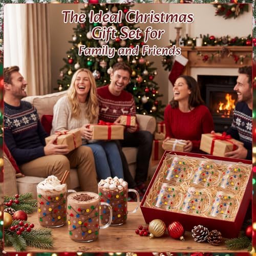 12 Pcs Christmas Glass Mugs with Handle Winter Xmas Coffee Mugs, Light - Image 4