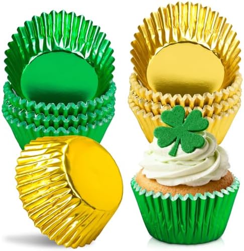 JarThenaAMCS 200Pcs St. Patrick's Day Foil Cupcake Liners Baking Cups Green Gold Foil Metallic Cupcake Wrappers Muffin Liners for Irish Holiday Birthday Party Supplies by JarThenaAMCS