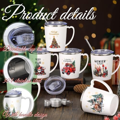 Didaey 6 Pcs Christmas Coffee Mugs Cups 11 oz Christmas Stainless Steel Tumbler Vacuum Insulated Coffee Cups with Handle Lid Straw Wine Mug for Winter Xmas Gift Holiday Party Supplies(Watercolor) - Image 3