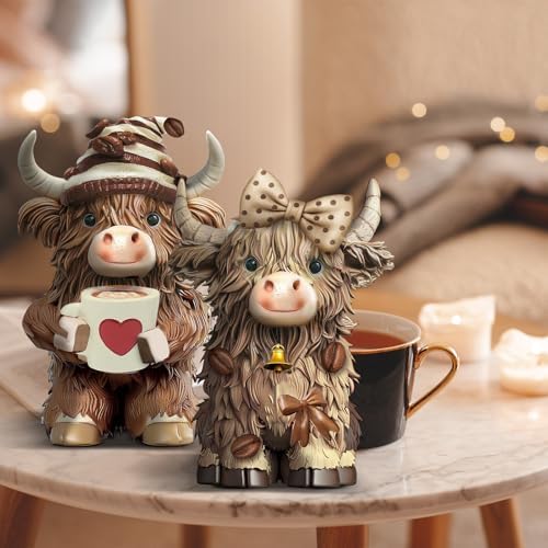 2 Pack Resin Highland Cow Figurine Gifts, Coffee Theme Decor - Image 6