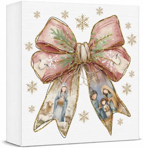 Pink Christmas Decor, Christian Christmas Decorations Indoor, Glitter Bow Nativity Scene Snowflake Sign Gift for Women Friends, Rustic Wooden Box Sign for Home Office Bedroom Desk Decor 5x5 Inches by Unknown