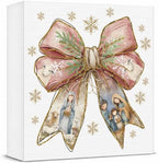Pink Christmas Decor, Christian Christmas Decorations Indoor, Glitter Bow Nativity Scene Snowflake Sign Gift for Women Friends, Rustic Wooden Box Sign for Home Office Bedroom Desk Decor 5x5 Inches by Unknown