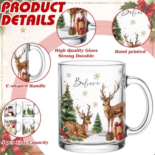 Tioncy 4 Pcs Christmas Glass Coffee Mugs 12 oz - Image 3