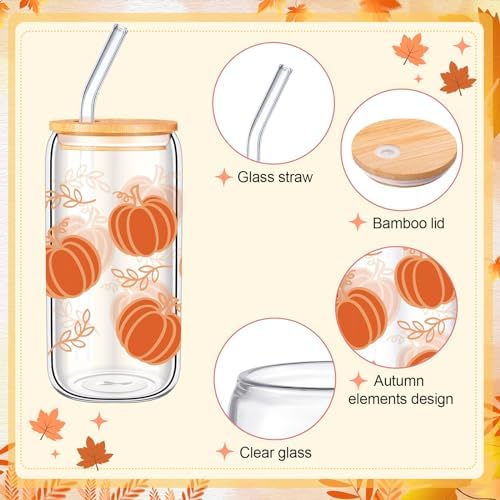 SiliFine 6 Pcs Fall Glass Cups, 16 oz with Lids and Straws - Image 4
