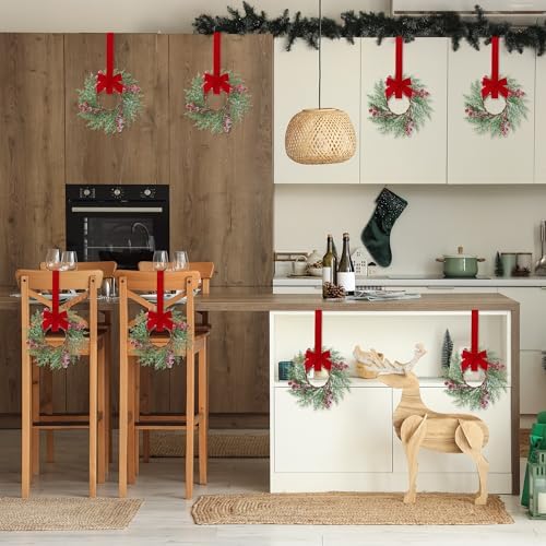 Sggvecsy 6 Pcs Christmas Mini Cabinet Wreaths Norfolk Pine Wreath with Ribbon Bows Red Berry Artificial Small Kitchen Wreath for Window Front Door Farmhouse Wall Pillars Xmas Decorations - Image 5