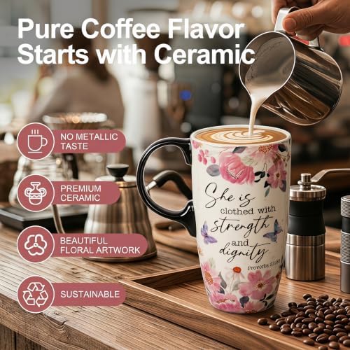 Topadorn 17oz Ceramic Travel Mug with Lid, Inspirational Floral Coffee Mug - Image 2